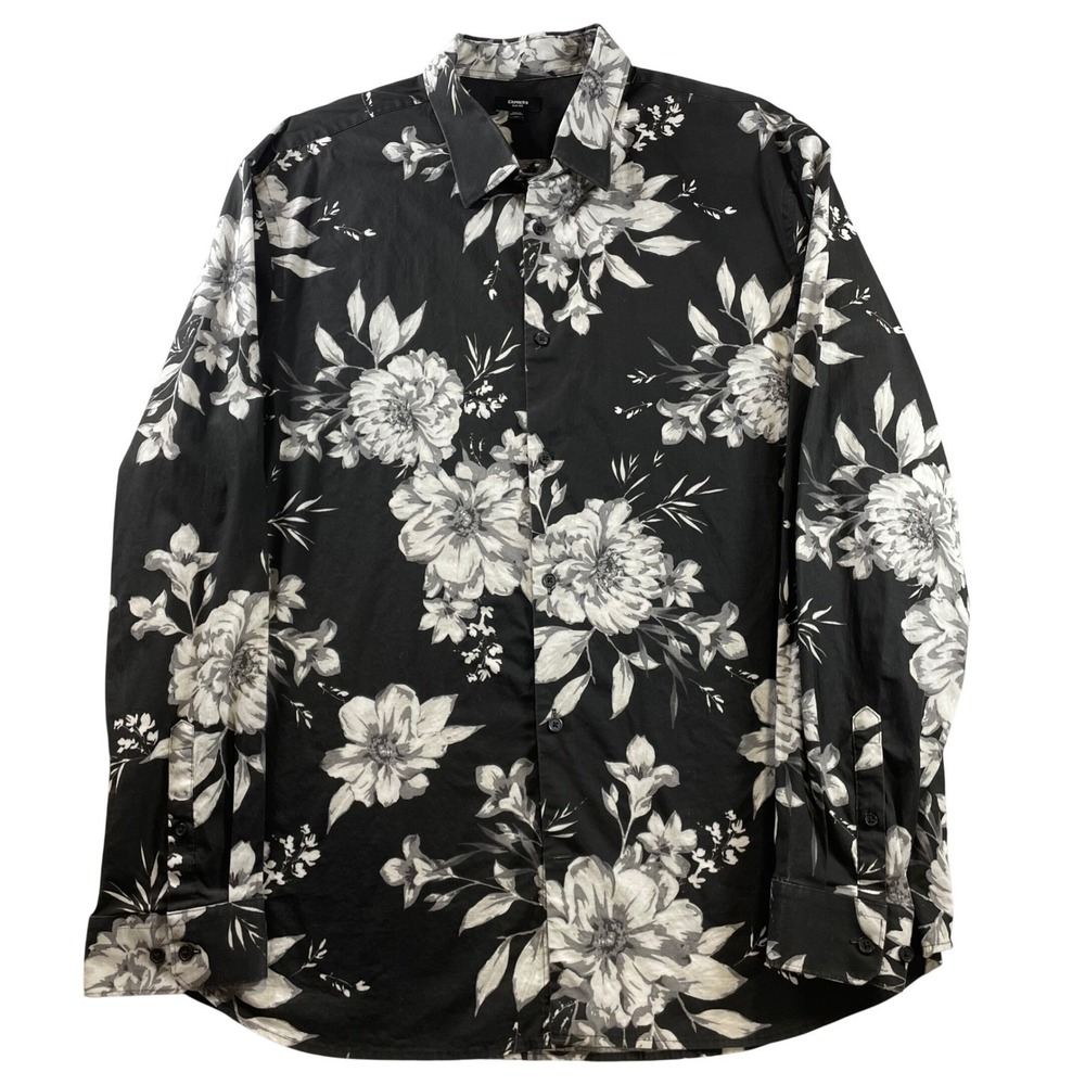 Express Slim 1MX Mens XXL Black White Floral Long Sleeve Button Up Shirt Stretch